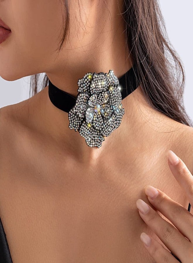 Wiwpar Vintage Rose Flower Crystal Rhinestone Choker Necklace Black Velvet Short Chain Rose Collar Choker Necklace Costume Jewelry Gifts for Women Bride Wedding Party Summer Necklace (Style2) - Image 2