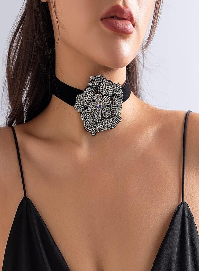 Wiwpar Vintage Rose Flower Crystal Rhinestone Choker Necklace Black Velvet Short Chain Rose Collar Choker Necklace Costume Jewelry Gifts for Women Bride Wedding Party Summer Necklace (Style2) - Image 3