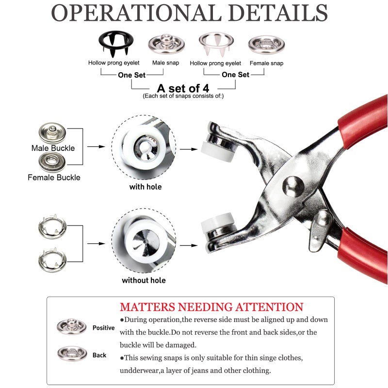 CHEPULA Snap Button Kit 100set, 9.5mm Snap Fasteners Kit with Pliers, Metal Snaps Kit with Tool, Five Claw Buckle Tool Set 10 Colors (Hollow 100set) - Image 3