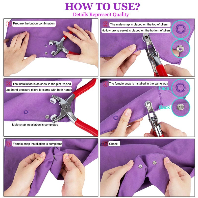 CHEPULA Snap Button Kit 100set, 9.5mm Snap Fasteners Kit with Pliers, Metal Snaps Kit with Tool, Five Claw Buckle Tool Set 10 Colors (Hollow 100set) - Image 4