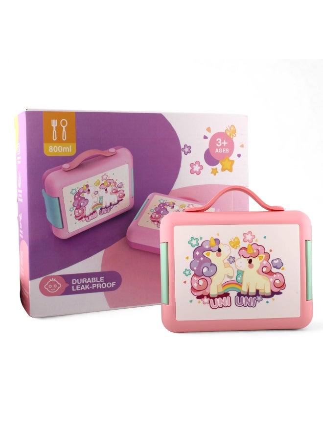 BrainGiggles Unicorn Bento Lunch Box -Leakproof, BPA-Free, Airtight Tiffin with Spoon & Fork- 4 Compartments Bento Box For Kids with Handle (Pink) - Image 1