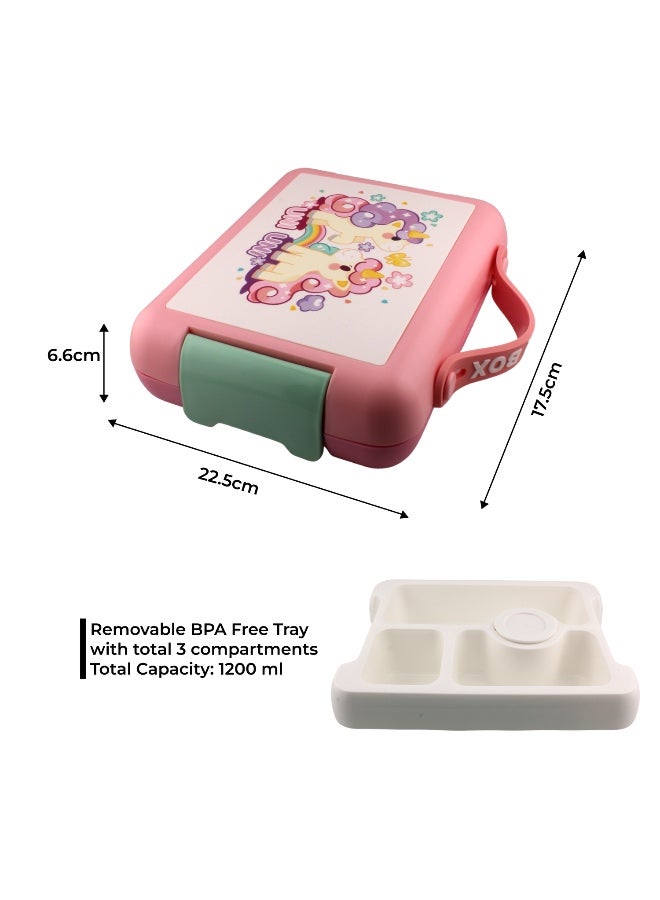 BrainGiggles Unicorn Bento Lunch Box -Leakproof, BPA-Free, Airtight Tiffin with Spoon & Fork- 4 Compartments Bento Box For Kids with Handle (Pink) - Image 2