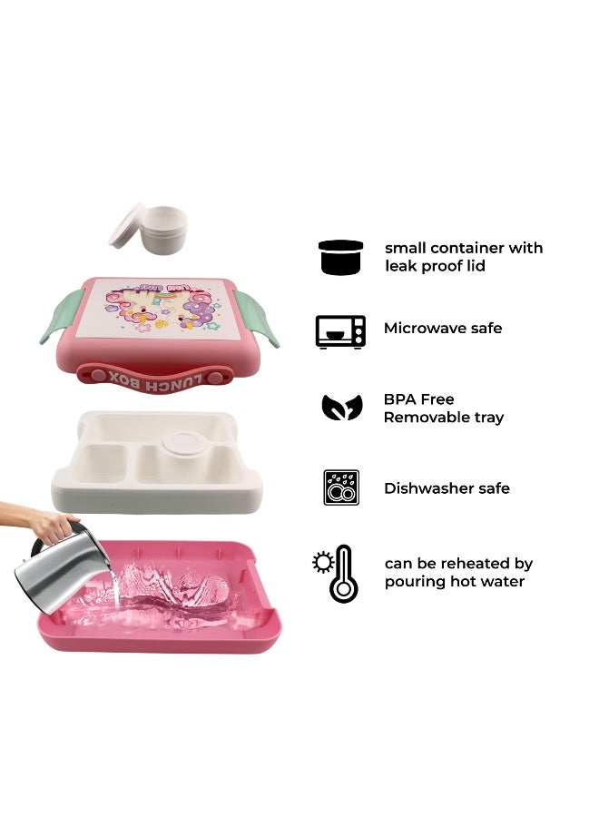BrainGiggles Unicorn Bento Lunch Box -Leakproof, BPA-Free, Airtight Tiffin with Spoon & Fork- 4 Compartments Bento Box For Kids with Handle (Pink) - Image 5