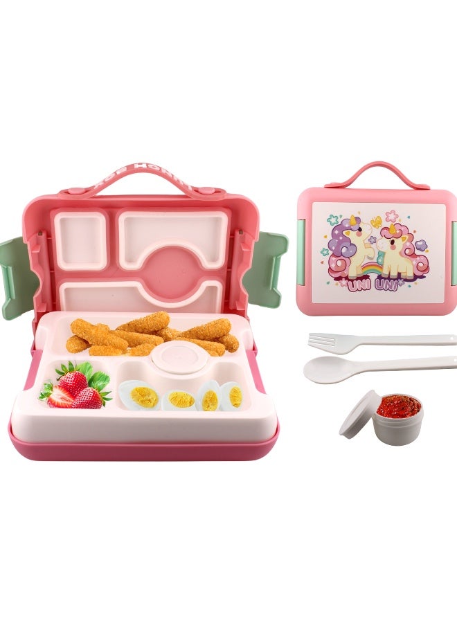 BrainGiggles Unicorn Bento Lunch Box -Leakproof, BPA-Free, Airtight Tiffin with Spoon & Fork- 4 Compartments Bento Box For Kids with Handle (Pink) - Image 3