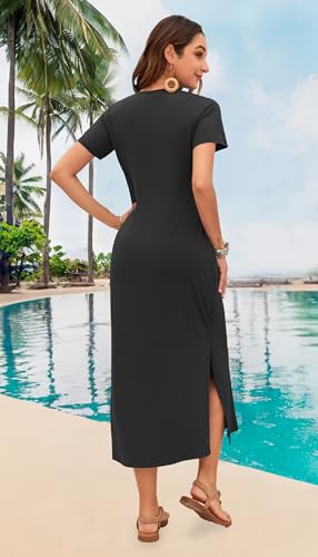 MISFAY Women Summer Maxi Dresses 2026 Casual Short Sleeve Long T Shirt Dress Split Beach Sundress Travel Vacation with Pocket Black - Image 3