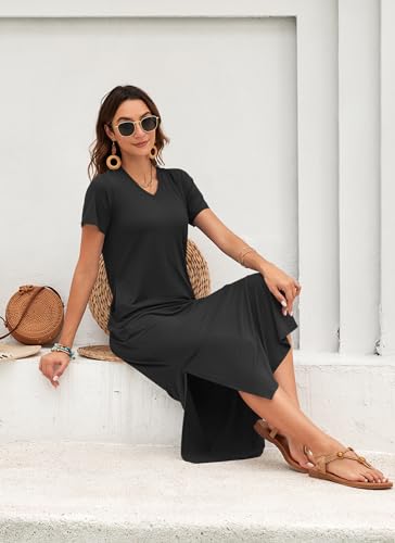 MISFAY Women Summer Maxi Dresses 2026 Casual Short Sleeve Long T Shirt Dress Split Beach Sundress Travel Vacation with Pocket Black - Image 4