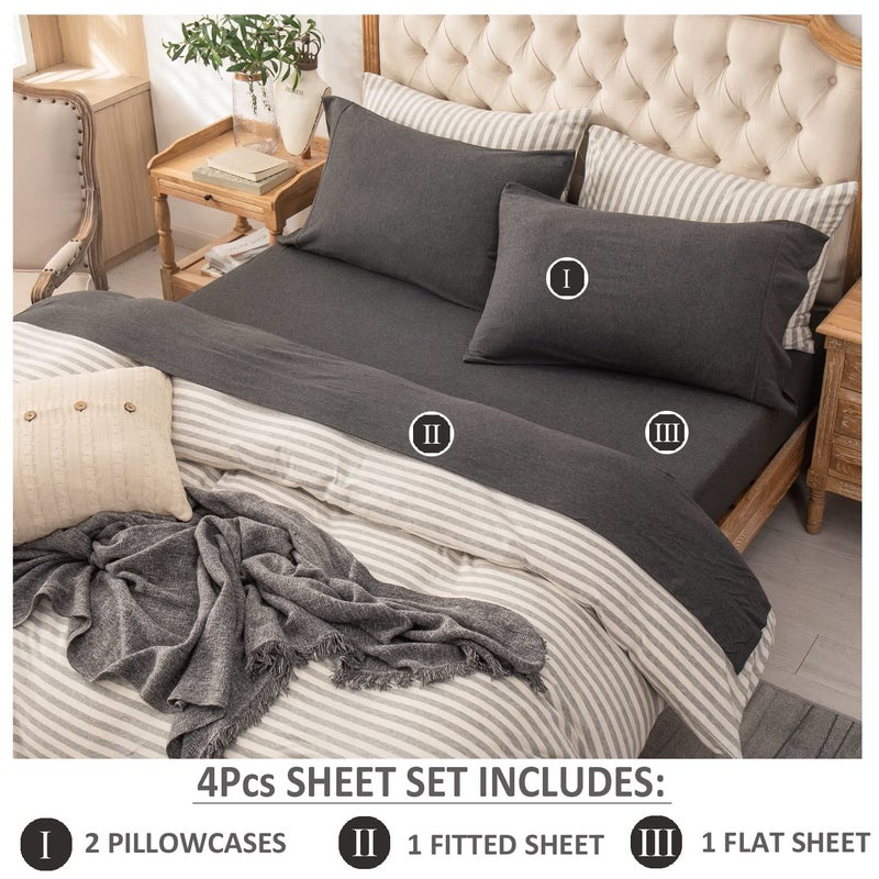 Pure Era Jersey Knit 4Pc Bed Sheet Set 100% T-Shirt Heather Cotton Super Soft Comfy Breathable Fits Mattress Up To 20"" Extra Deep Pocket (Charcoal Dark Grey  Cal King) - Image 2