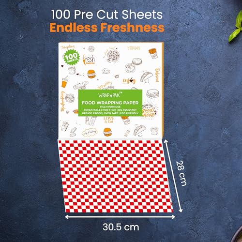 WRAP n PAK Food Wrapping Paper Sheets | Delhi Sheets | 100 Sheets | Food Grade | Oil Resistant & Non Soggy | Roti Chapati Burger Pizza Sandwich Paper | Parchment Paper (Chequered, 11×12 inch) - Image 4