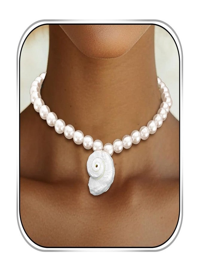 فديزاينر قلادة صدفية من تصميم Fdesigner للنساء، قلادة صدفية بيضاء مع لؤلؤة بوهيمية، مجوهرات شاطئ صيفية على شكل محارة (محارة) - Image 1