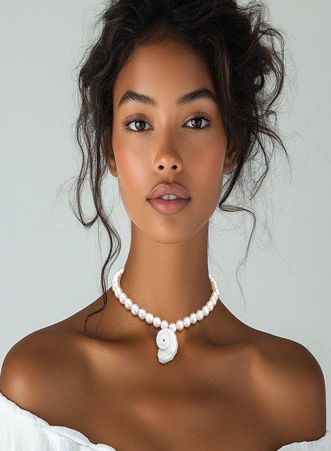 فديزاينر قلادة صدفية من تصميم Fdesigner للنساء، قلادة صدفية بيضاء مع لؤلؤة بوهيمية، مجوهرات شاطئ صيفية على شكل محارة (محارة) - Image 2