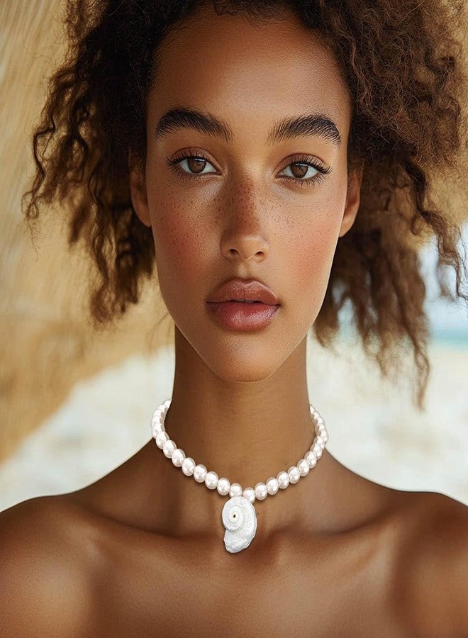فديزاينر قلادة صدفية من تصميم Fdesigner للنساء، قلادة صدفية بيضاء مع لؤلؤة بوهيمية، مجوهرات شاطئ صيفية على شكل محارة (محارة) - Image 4