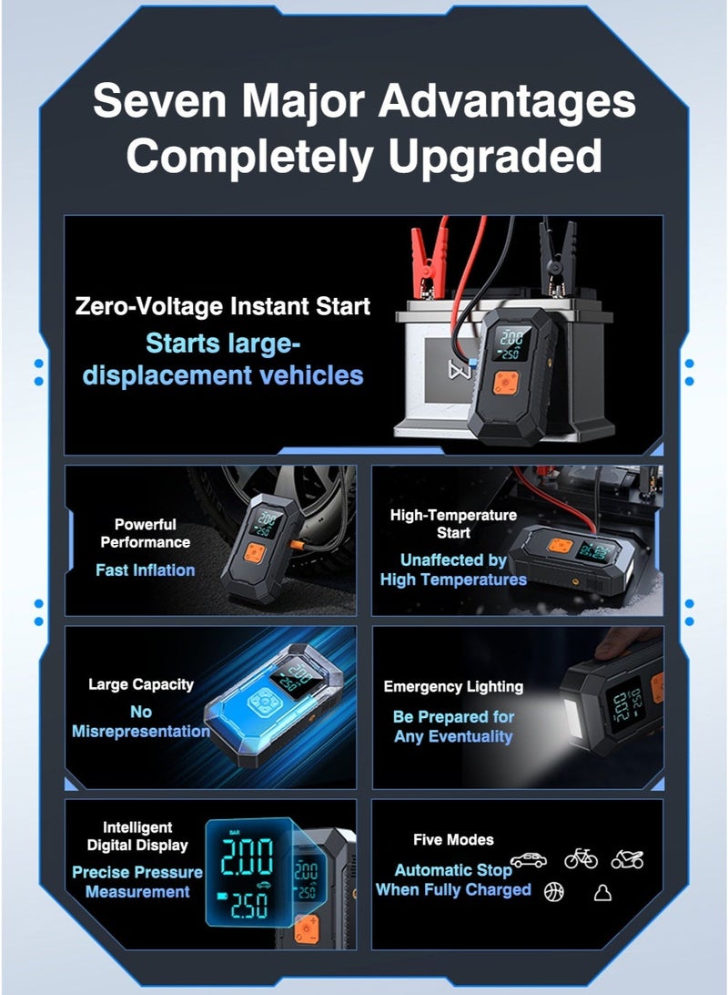 Digisand Jump Starter with Air Compressor, 3000A 12V Car Battery Jumper Starter Portable (6.0 Gas/3.0L Diesel) with 150PSI Cordless Auto-Shutoff Tire Inflator With Smart Jumper and LED Torch for Cars, Pickup Trucks, Bicycles and Get a Free Car Interior Light for Gift. - Image 2