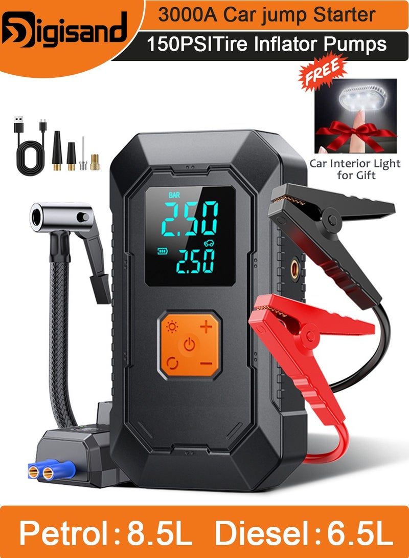 Digisand Jump Starter with Air Compressor, 3000A 12V Car Battery Jumper Starter Portable (6.0 Gas/3.0L Diesel) with 150PSI Cordless Auto-Shutoff Tire Inflator With Smart Jumper and LED Torch for Cars, Pickup Trucks, Bicycles and Get a Free Car Interior Light for Gift. - Image 1