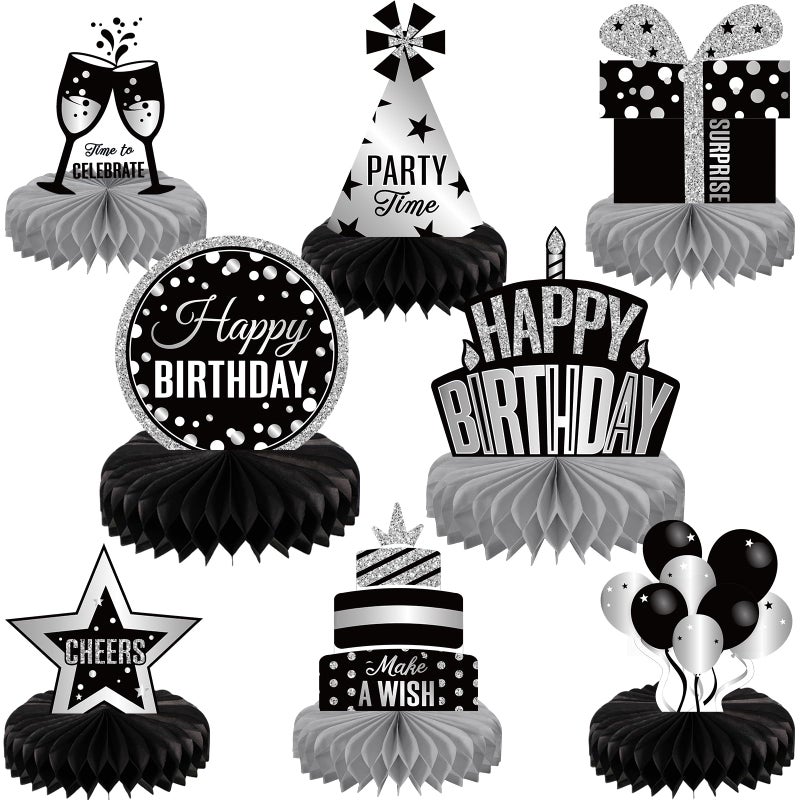 Pajean 8 Pieces Sliver and Black Birthday Party Honeycomb Centerpieces Sliver Black Table Centerpieces Decorations Table Centerpiece Sign for Kids Adults Party Supplies - Image 3