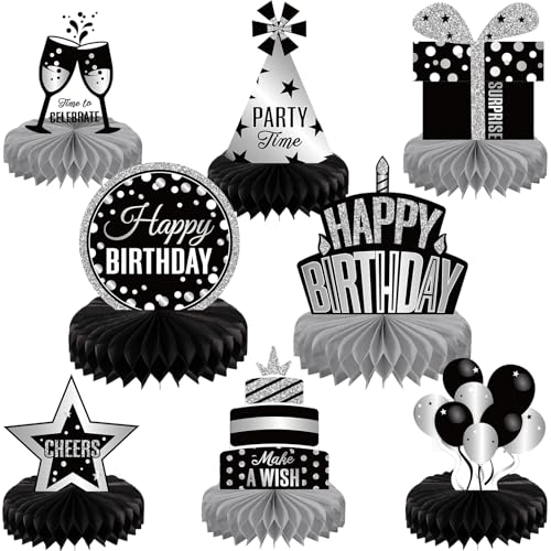 Pajean 8 Pieces Sliver and Black Birthday Party Honeycomb Centerpieces Sliver Black Table Centerpieces Decorations Table Centerpiece Sign for Kids Adults Party Supplies - Image 1