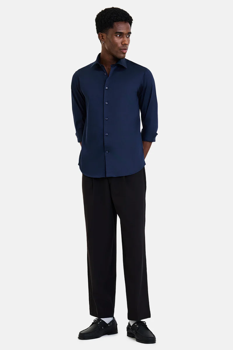 سنيتش Navy Blue Textured Long Sleeve Slim Fit Shirt