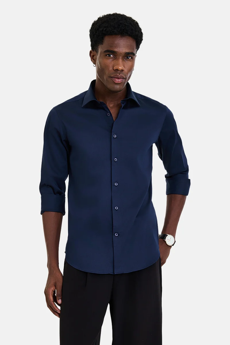 سنيتش Navy Blue Textured Long Sleeve Slim Fit Shirt