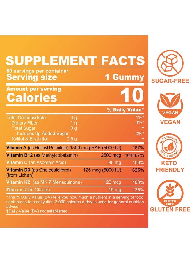 NEVISS - Sugarfree Vitamin Adk + B12 Gummies For Adults 120 Days Supply ; A D3 5000 Iu B12 2500Mcg Vitamin A Supplement Retinol Vegan Vitamin D3 K2 + C & Zinc For Eye Bone Heart Energy Mood Immune - Image 1