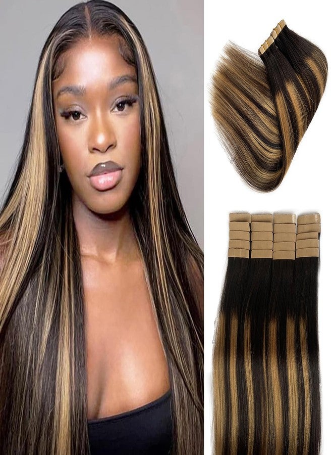 Smavida Highlight Blonde Yaki Straight Tape in Hair Extensions Human Hair for Women, 24inch Ombre Black to Honey Blonde Tape in Human Hair Extensions Invisible - Image 2