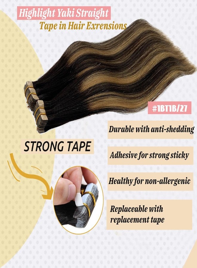 Smavida Highlight Blonde Yaki Straight Tape in Hair Extensions Human Hair for Women, 24inch Ombre Black to Honey Blonde Tape in Human Hair Extensions Invisible - Image 3