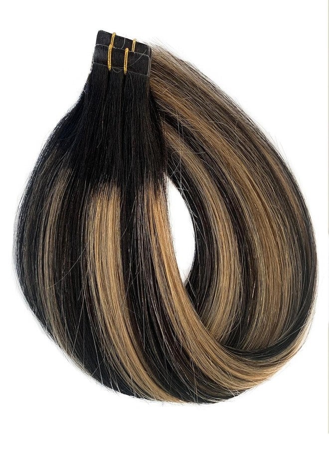 Smavida Highlight Blonde Yaki Straight Tape in Hair Extensions Human Hair for Women, 24inch Ombre Black to Honey Blonde Tape in Human Hair Extensions Invisible - Image 1