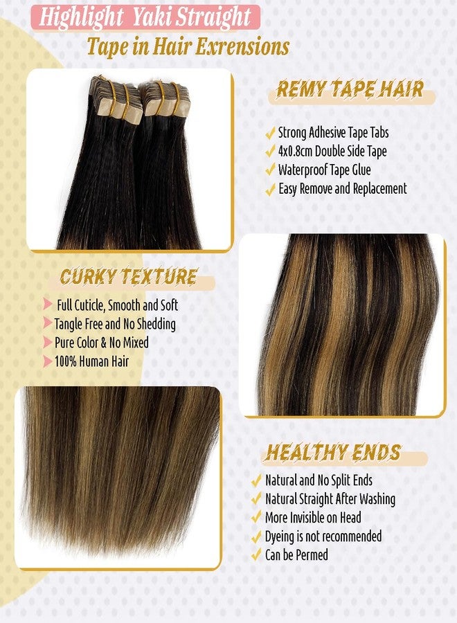 Smavida Highlight Blonde Yaki Straight Tape in Hair Extensions Human Hair for Women, 24inch Ombre Black to Honey Blonde Tape in Human Hair Extensions Invisible - Image 4
