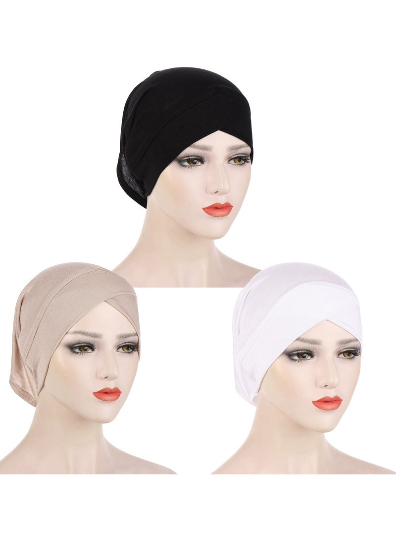 Muslim Inner Hijab Caps, Full Coverage Undercap, Breathable Stretchy Bonnet, 3 Pack,Black White Beige - Image 1