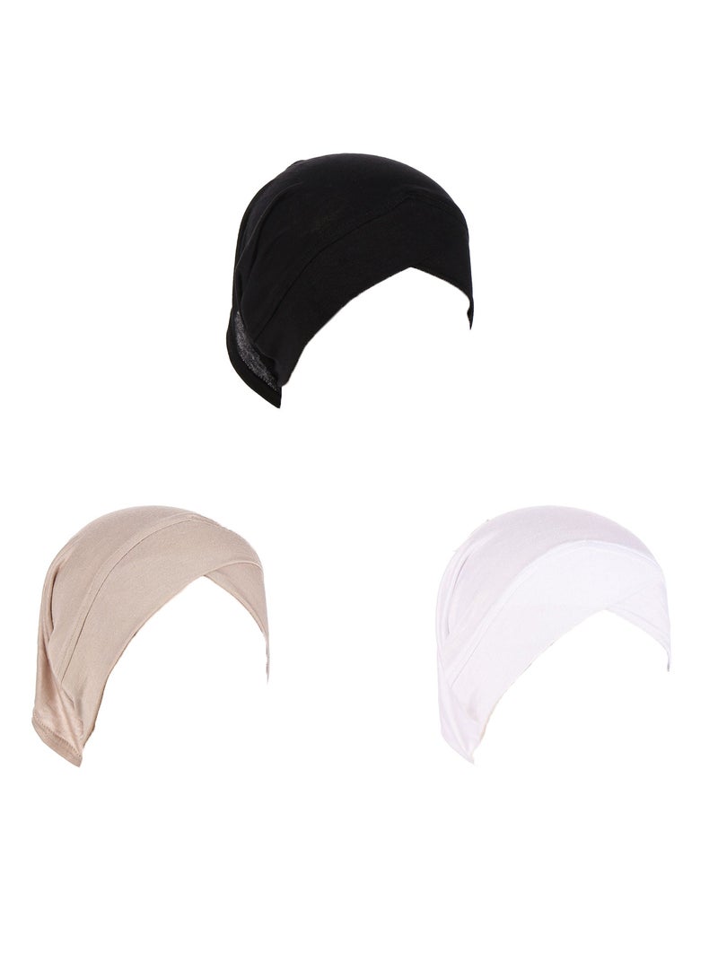 Muslim Inner Hijab Caps, Full Coverage Undercap, Breathable Stretchy Bonnet, 3 Pack,Black White Beige - Image 2