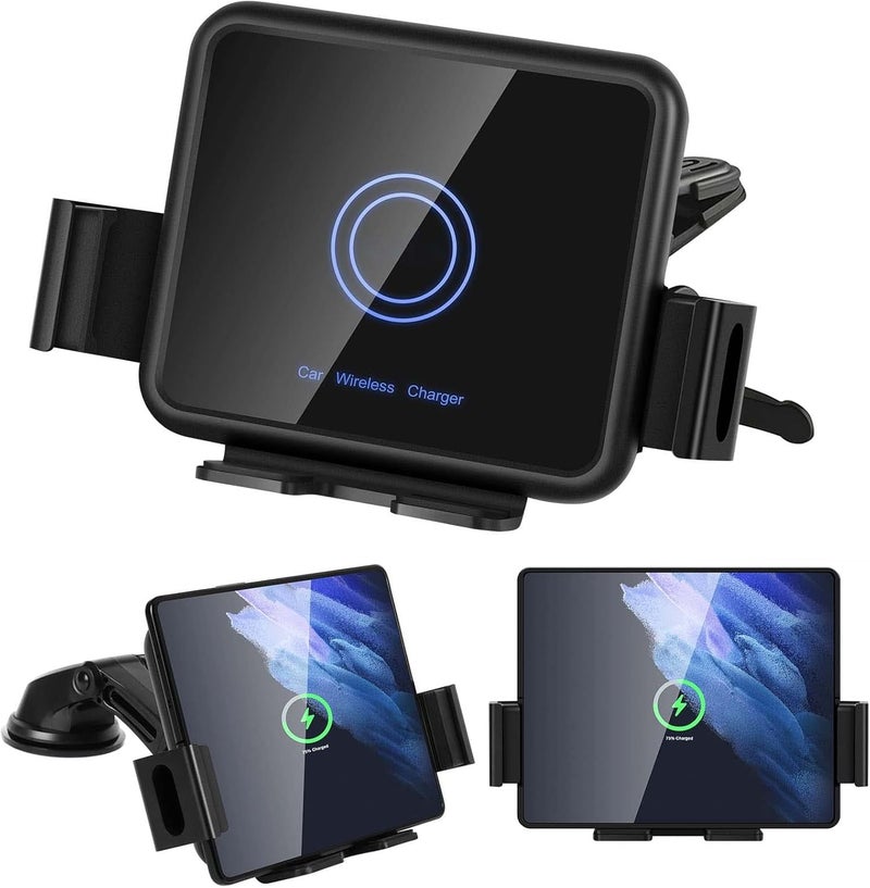 Excefore 20W Qi Wireless Car Charger Mount Holder Compatible for Samsung Galaxy Z Fold4 Fold3 Z Fold2 Fold S22 Ultra, Two Coil Support Portrait Unfold Auto Clamping Charging Car Mount with Cooling Fan Lightweight - Image 1