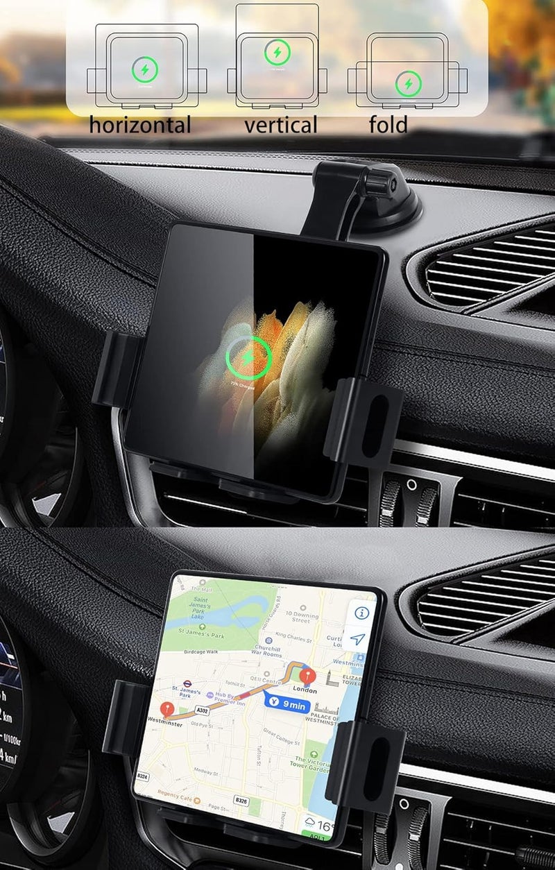 Excefore 20W Qi Wireless Car Charger Mount Holder Compatible for Samsung Galaxy Z Fold4 Fold3 Z Fold2 Fold S22 Ultra, Two Coil Support Portrait Unfold Auto Clamping Charging Car Mount with Cooling Fan Lightweight - Image 2