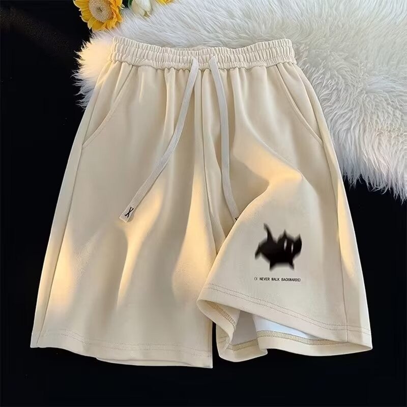 Japanese Minimalist Cartoon Cat Print Mens Cargo Shorts Apricot  - Image 1