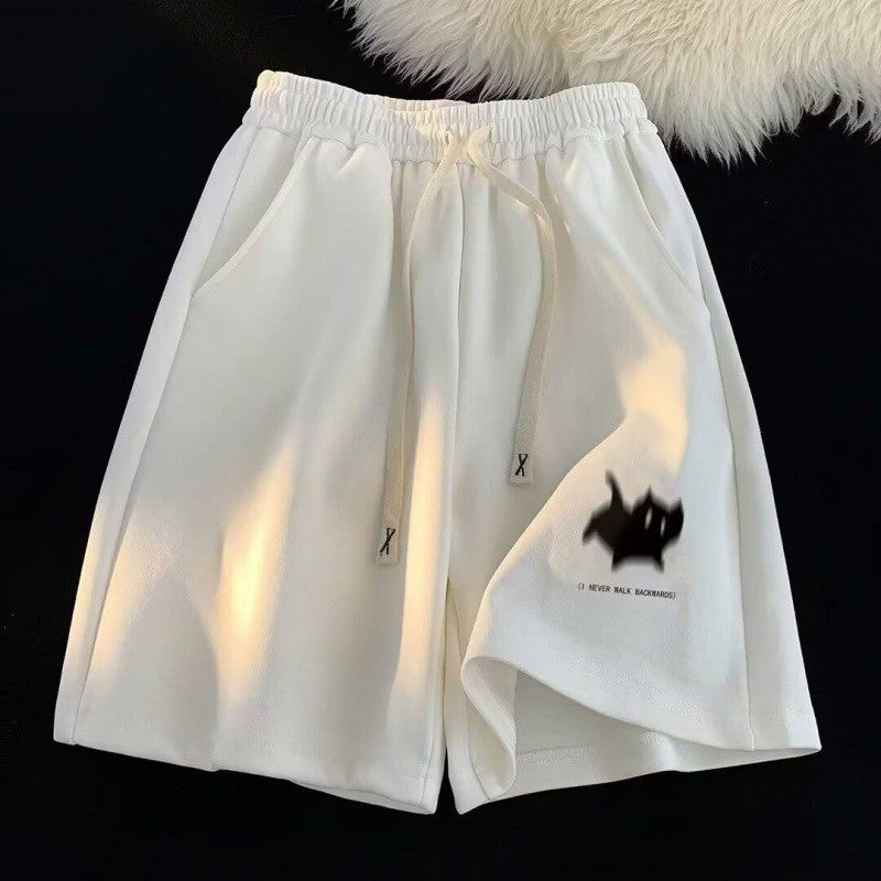 Japanese Minimalist Cartoon Cat Print Mens Cargo Shorts Apricot  - Image 2