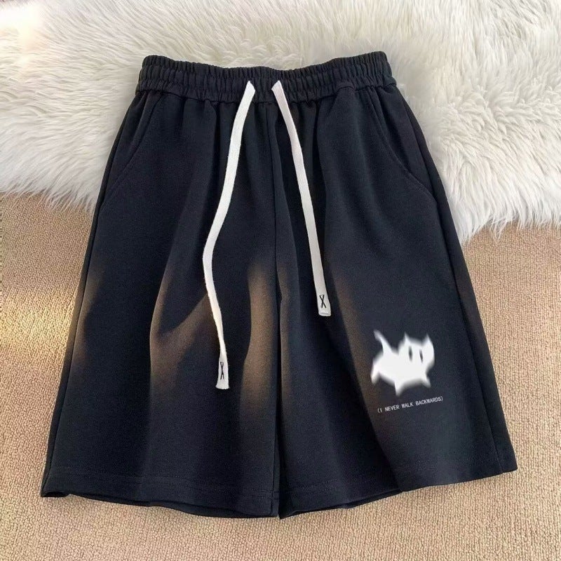 Japanese Minimalist Cartoon Cat Print Mens Cargo Shorts Apricot  - Image 3