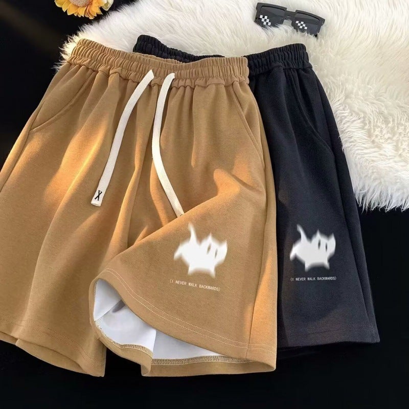 Japanese Minimalist Cartoon Cat Print Mens Cargo Shorts Apricot  - Image 5
