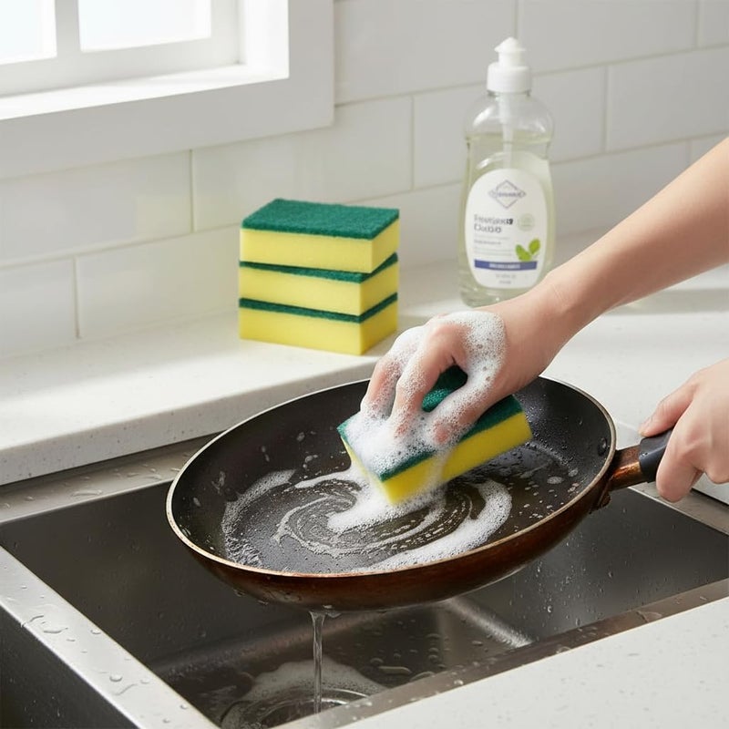 الكبريت إسفنجات غسل الأطباق سلفار – إسفنجات تنظيف مطبخ مزدوجة الجوانب مع وسادة كشط – متينة وفعالة للأطباق والأواني والمقالي، عبوة من 5 قطع بناء مرن - Image 2