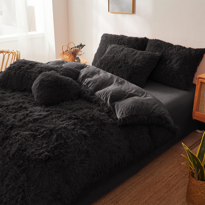 FOPPA Black Fur Comforter Cover Set Queen - Ultra Soft Fluffy Plush Bedding Sets 3 Pieces (1 Faux Fur Duvet Cover + 2 Faux Fur Pillow case) Fluffy Bed Sets (Black, Queen) - Image 4