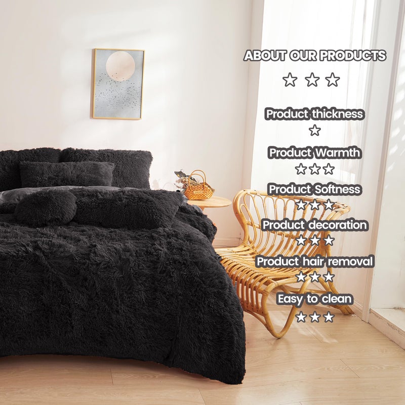 FOPPA Black Fur Comforter Cover Set Queen - Ultra Soft Fluffy Plush Bedding Sets 3 Pieces (1 Faux Fur Duvet Cover + 2 Faux Fur Pillow case) Fluffy Bed Sets (Black, Queen) - Image 5