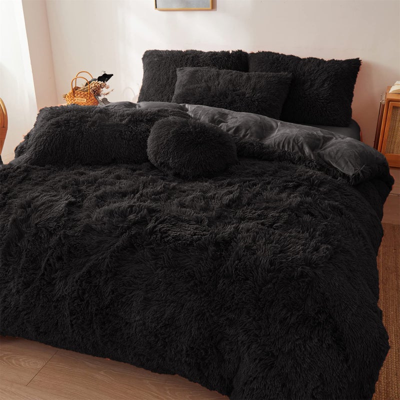 FOPPA Black Fur Comforter Cover Set Queen - Ultra Soft Fluffy Plush Bedding Sets 3 Pieces (1 Faux Fur Duvet Cover + 2 Faux Fur Pillow case) Fluffy Bed Sets (Black, Queen) - Image 3
