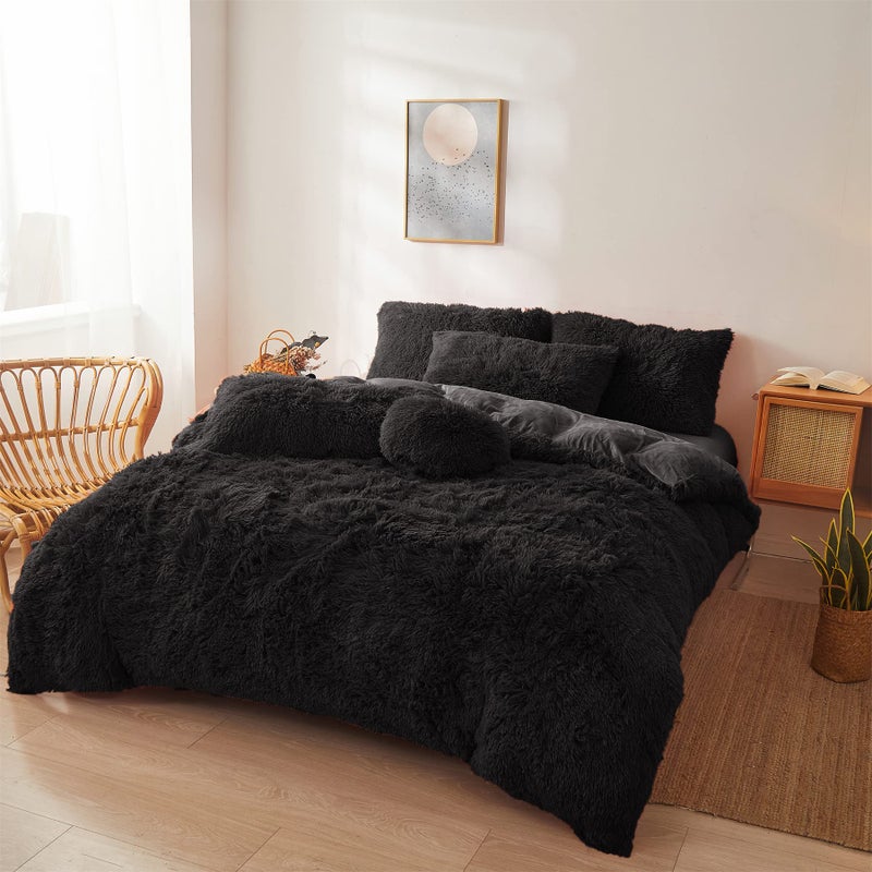 FOPPA Black Fur Comforter Cover Set Queen - Ultra Soft Fluffy Plush Bedding Sets 3 Pieces (1 Faux Fur Duvet Cover + 2 Faux Fur Pillow case) Fluffy Bed Sets (Black, Queen) - Image 2