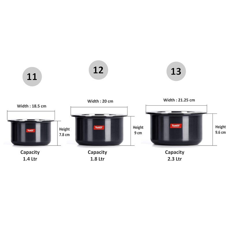 Sumeet 3piece Hard Anodised Tope Size No11 No 12 No 13 14 Ltr 18Ltr 23 Ltr - Image 2