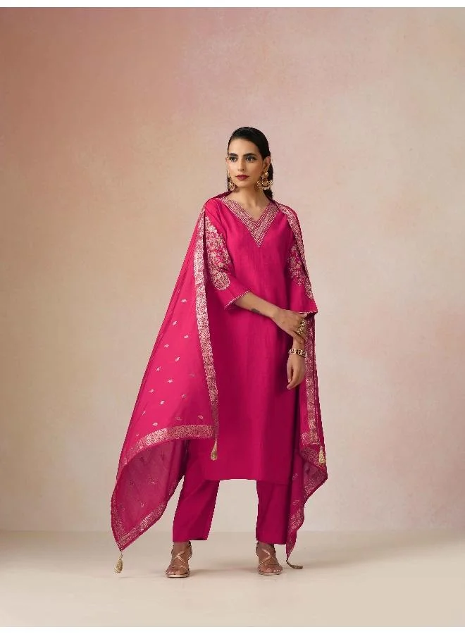 trueBrowns Pink Embroidered Straight Kurta Pant Dupatta Set