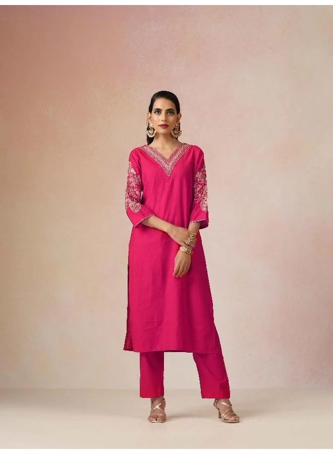 trueBrowns trueBrowns Pink Embroidered Straight Kurta Pant Dupatta Set