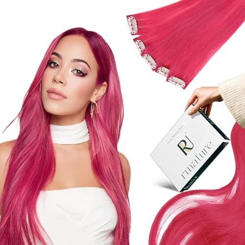 RUNATURE Hot Pink Hair Extensions Clip in Real Human Hair 18 Inch 30g 5pcs Pink Clip in Hair Extensions for Party Easy to Apply Highlighted Colorful Remy Hair - Image 1