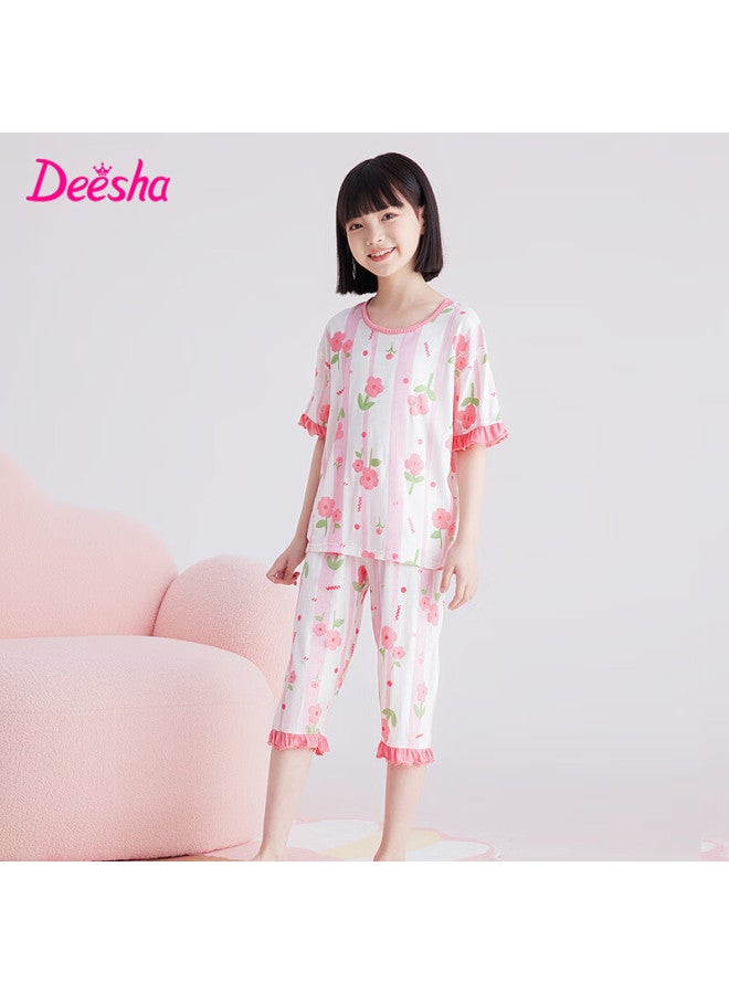 DEESHA بيجامة بنات ربيعية وصيفية من ديشا، 7A مضادة للبكتيريا، قصيرة الأكمام، بنطلون كابري رقيق، ملابس تكييف، ملابس منزلية للأطفال - Image 2