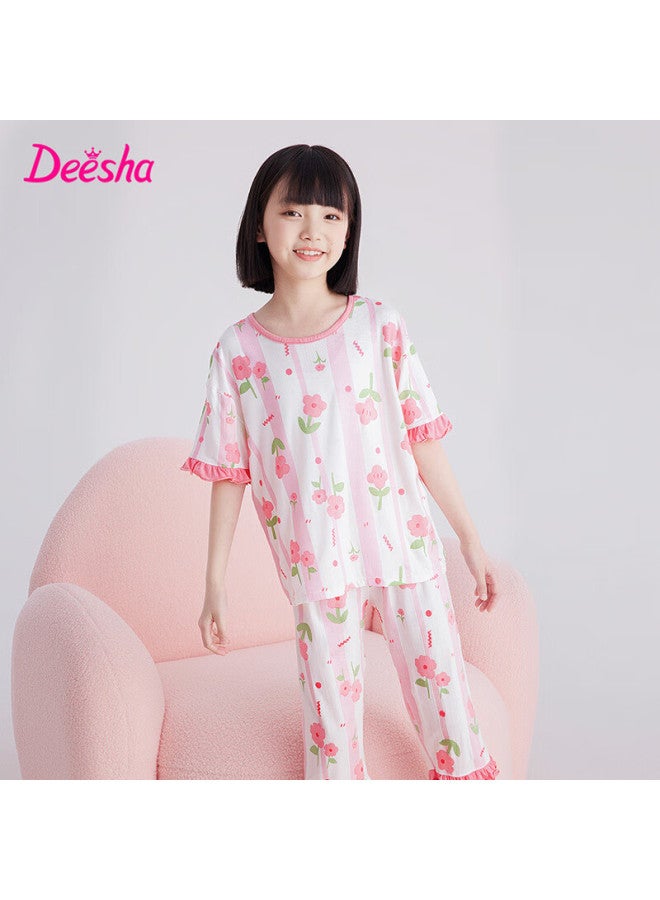 DEESHA بيجامة بنات ربيعية وصيفية من ديشا، 7A مضادة للبكتيريا، قصيرة الأكمام، بنطلون كابري رقيق، ملابس تكييف، ملابس منزلية للأطفال - Image 4