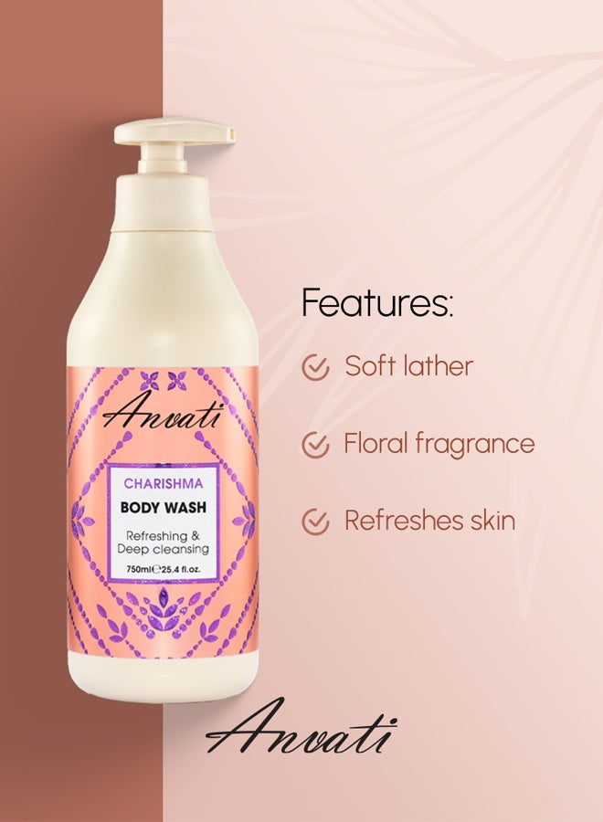 Anvati Refreshing & Deep Cleansing Shower Gel with Vitamin E & B5- Charishma Body Wash for All Skin Types - 750ml - Image 4