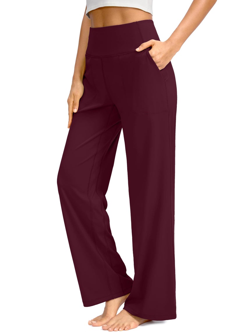 Soothfeel Wide Leg Pants for Women Petite/Regular/Tall High Waist Stretch Yoga Work Dress Lounge Sweatpants with Pockets 30"(Wine, XXL) - Image 1