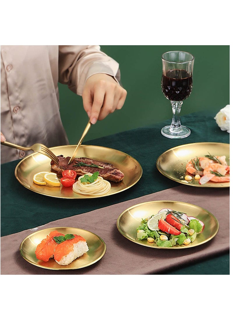SOLARAE أطباق ستانلس ستيل 304 قابلة لإعادة الاستخدام، مجموعة أطباق عشاء معدنية دائرية 10 بوصة، صينية ذهبية كبيرة قابلة لإعادة الاستخدام، أطباق سلطة وحلويات ذهبية، أطباق تقديم الإفطار للمطبخ والمنزل والتخييم والحفلات الخارجية، عبوة 2 - Image 3
