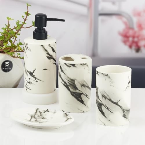 Kookee Ceramic Bathroom Accessories Set of 4, Modern Bath Set with Liquid handwash Soap Dispenser and Toothbrush Holder, Luxury Gift Accessory for Home, White/Black (10391) - Image 1
