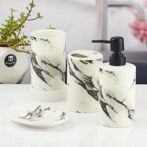 Kookee Ceramic Bathroom Accessories Set of 4, Modern Bath Set with Liquid handwash Soap Dispenser and Toothbrush Holder, Luxury Gift Accessory for Home, White/Black (10391) - Image 3